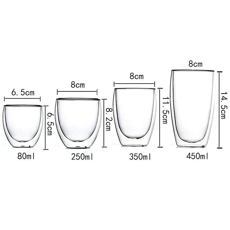 Set of four clear double wall borosilicate glass espresso cups with sleek design and precise capacity measurements
