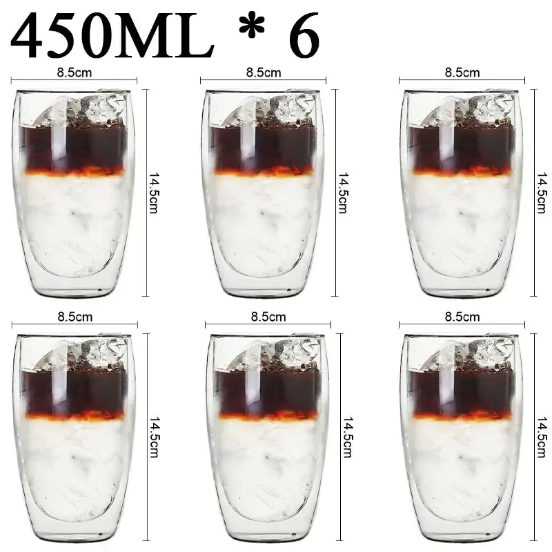 Six clear double wall borosilicate glass tumblers 450ml filled with ice and dark liquid for modern kitchen use