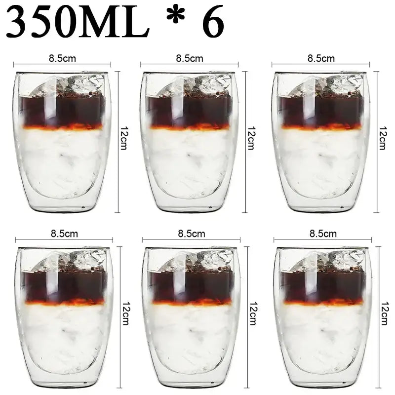 Modern clear double wall borosilicate glass espresso cups set with 350ml rounded tumblers holding ice and dark liquid