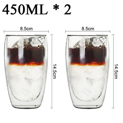 Modern clear double wall borosilicate glass espresso cups set with 450ml iced coffee tumblers and ice cubes