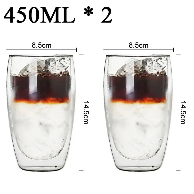 Modern clear double wall borosilicate glass espresso cups set with 450ml iced coffee tumblers and ice cubes
