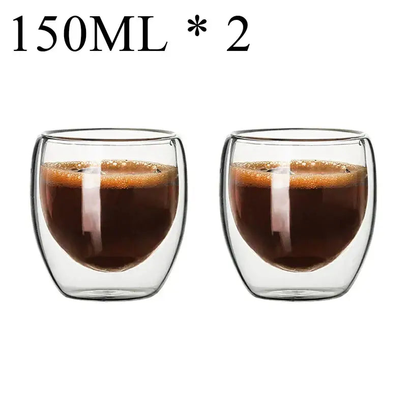 Modern clear double wall borosilicate glass espresso cups set with 150ml capacity holding dark coffee with frothy top