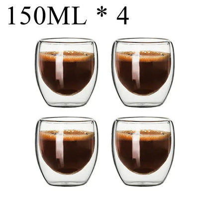 Set of four clear double wall borosilicate glass espresso cups each holding 150ml for modern kitchen use