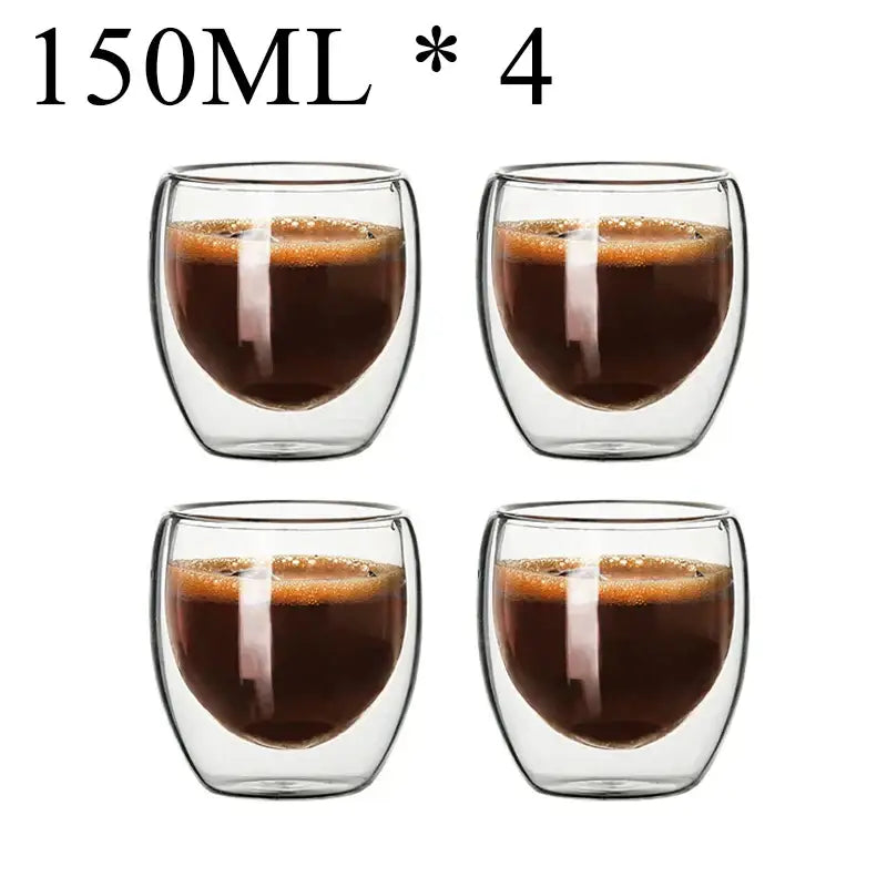 Set of four clear double wall borosilicate glass espresso cups each holding 150ml for modern kitchen use