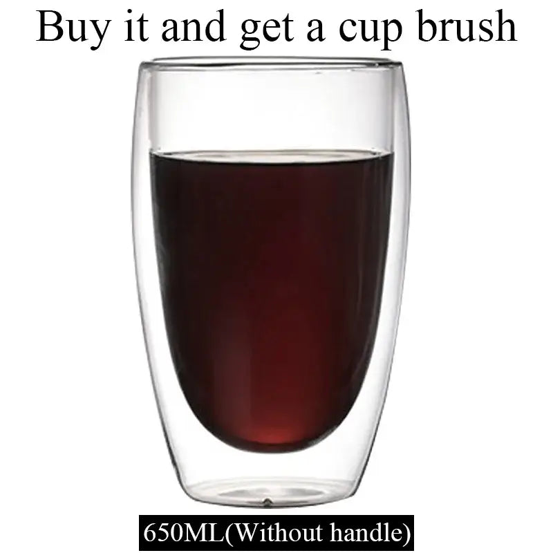 Modern clear double wall borosilicate glass mug filled with dark liquid for kitchen coffee use