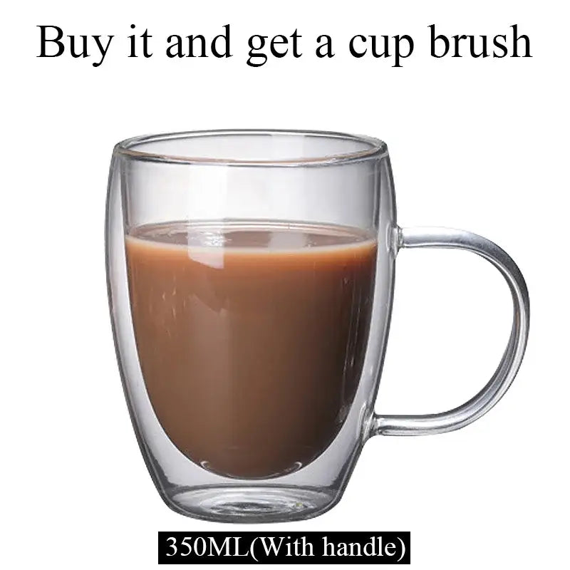 Modern clear double wall borosilicate glass mug with handle filled with brown liquid for kitchen coffee use