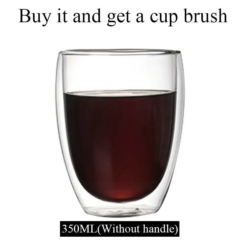 Modern clear double wall borosilicate glass mug filled with dark liquid for kitchen coffee use