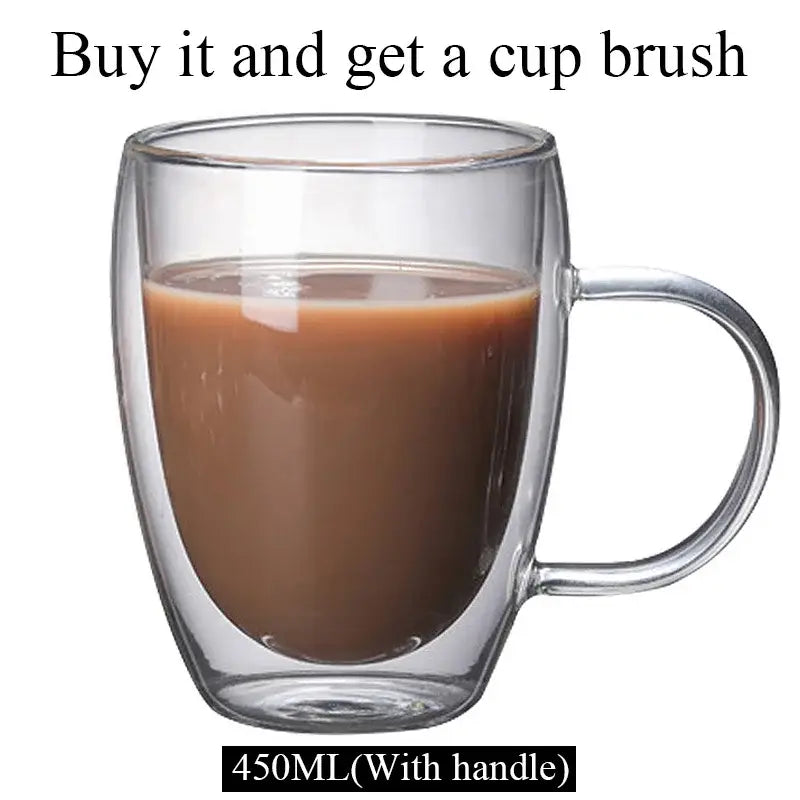 Modern clear double wall borosilicate glass mug with handle filled with brown liquid for kitchen coffee use