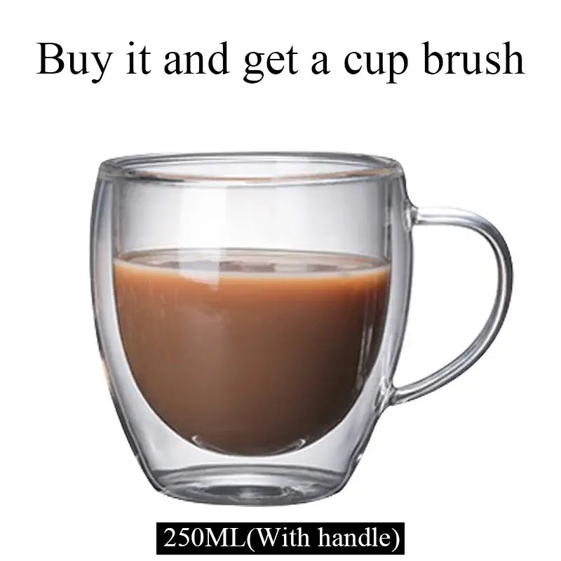 Modern clear double wall borosilicate glass mug with handle filled with brown liquid for kitchen coffee use
