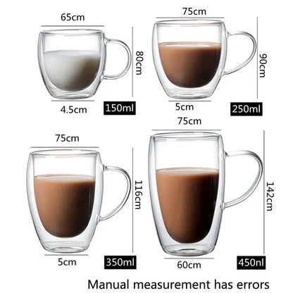 Modern clear double wall borosilicate glass mugs in four sizes filled with dark liquid for coffee use