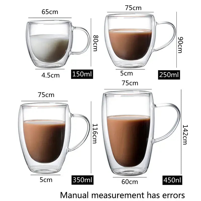 Modern clear double wall borosilicate glass mugs in four sizes filled with dark liquid for coffee use