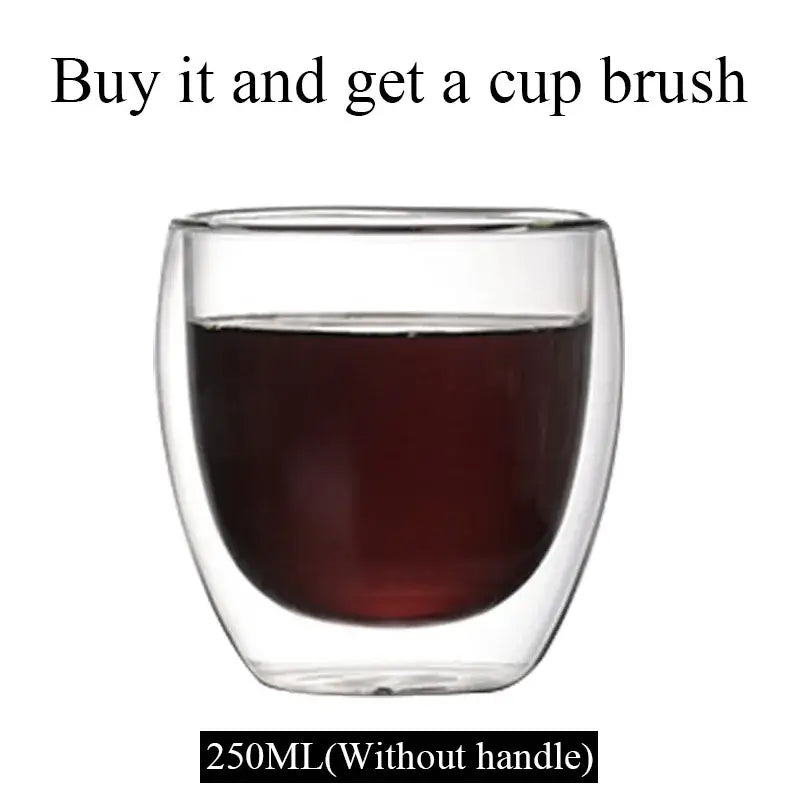 Modern clear double wall borosilicate glass mug 250ml filled with dark liquid for kitchen coffee use