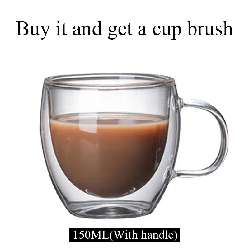 Modern clear double wall borosilicate glass mug filled with brown liquid for kitchen coffee use