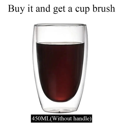 Modern clear double wall borosilicate glass mug filled with dark liquid for kitchen coffee use