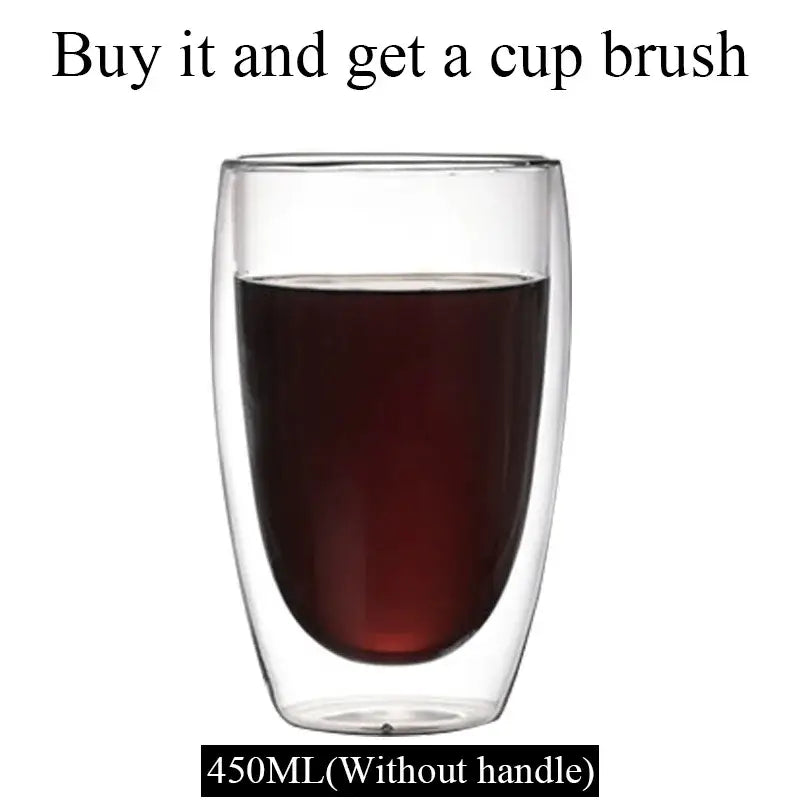 Modern clear double wall borosilicate glass mug filled with dark liquid for kitchen coffee use