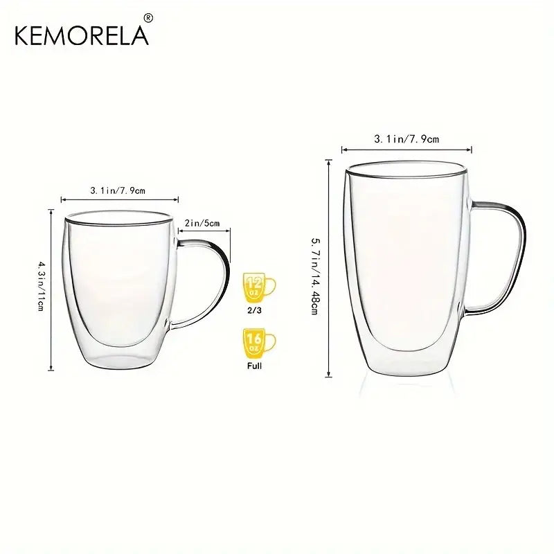 Modern clear double wall glass coffee mug with a sleek design and sturdy handle for kitchen drinkware use