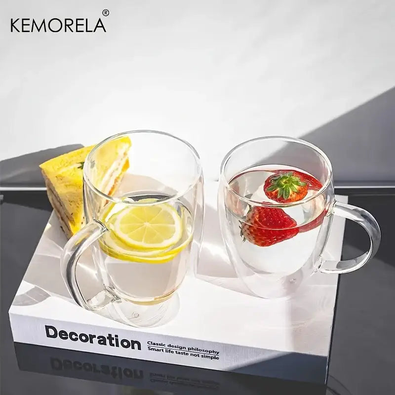 Modern clear double wall glass coffee mug set with handles featuring two transparent glass coffee mugs with fruit infusions
