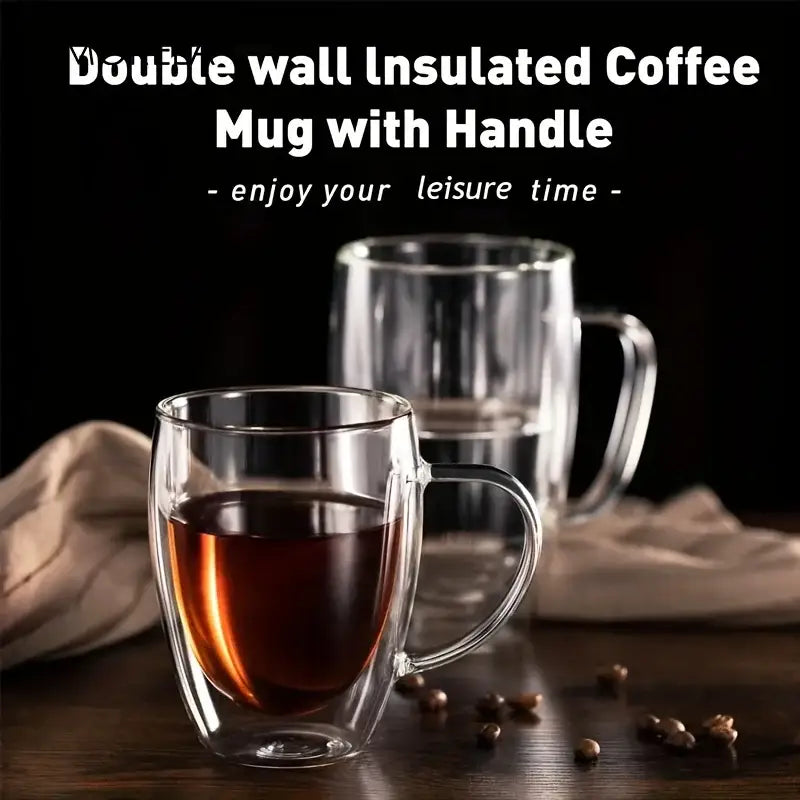 Modern clear double wall glass coffee mug with handle filled with dark liquid for kitchen drinkware use
