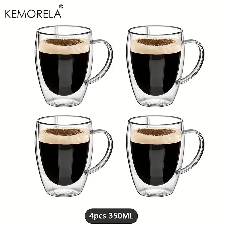 Set of four clear double wall glass coffee mugs each 350ml ideal for modern kitchen drinkware use