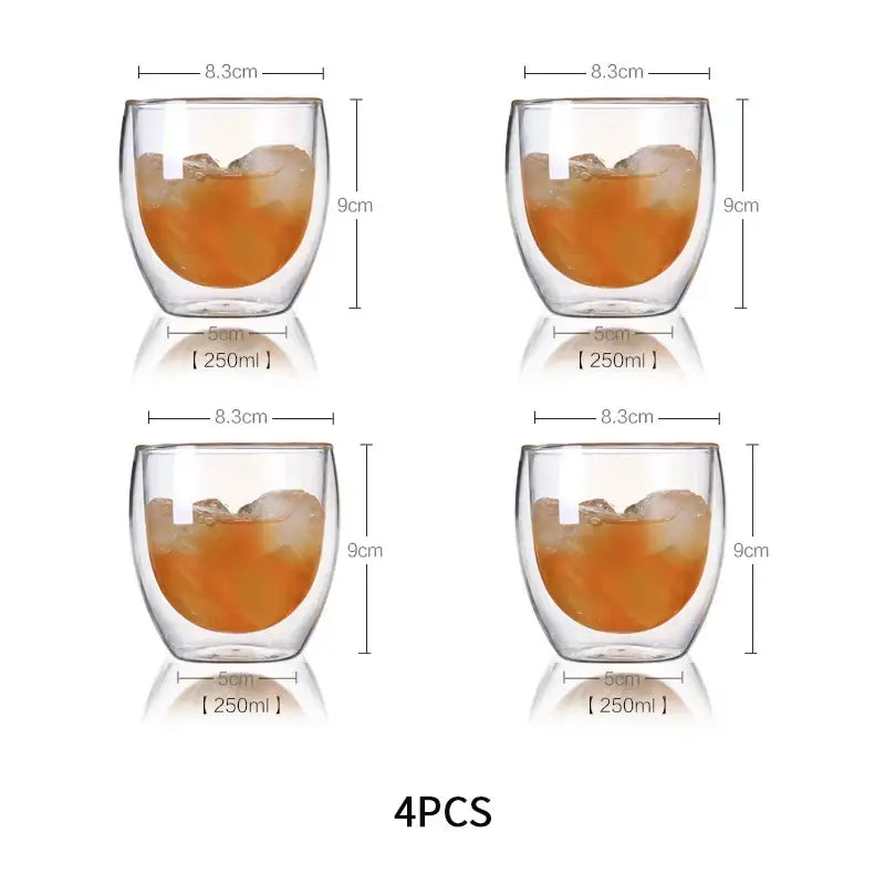 Set of four clear double wall glass tumblers 250ml with rounded bowl and sturdy base ideal for dining use