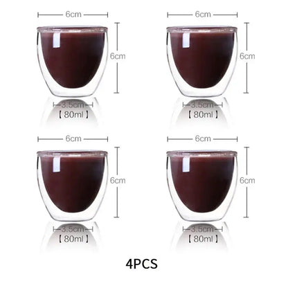 Modern clear double wall glass cup set featuring transparent double wall glass cups 6cm diameter 80ml capacity for dining room use