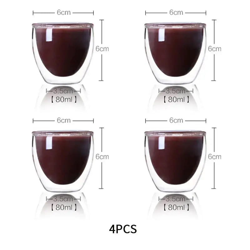 Modern clear double wall glass cup set featuring transparent double wall glass cups 6cm diameter 80ml capacity for dining room use