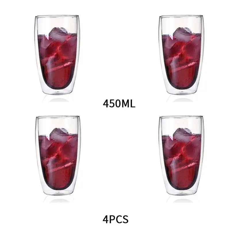 Modern clear double wall glass cup set shows 450ml glass tumblers with dark red liquid and ice cubes for dining use