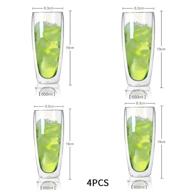 Modern clear double wall glass cup set with 650ml green liquid and ice cubes for dining room use
