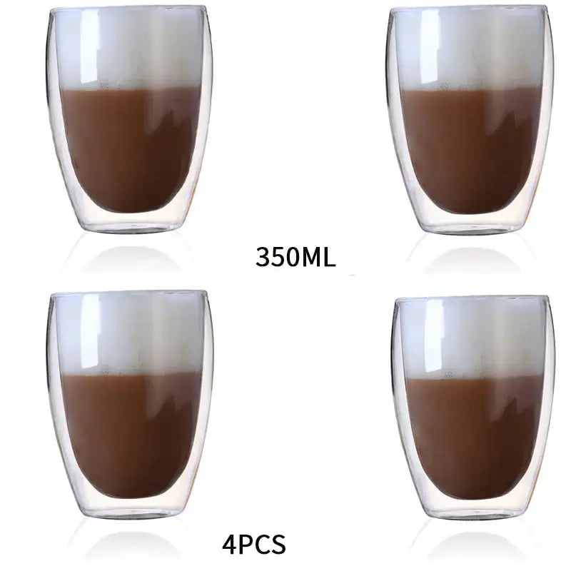 Modern clear double wall glass cup set with 350ml glass cups holding dark liquid for dining room use