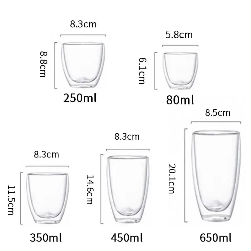 Modern clear double wall glass cup set featuring transparent glass cups in various sizes for dining room use
