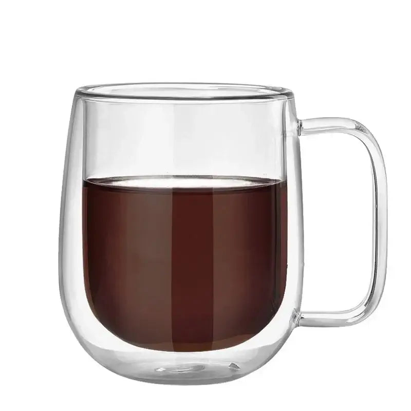 Modern clear double wall glass mug with handle filled with dark liquid suitable for kitchen tea use