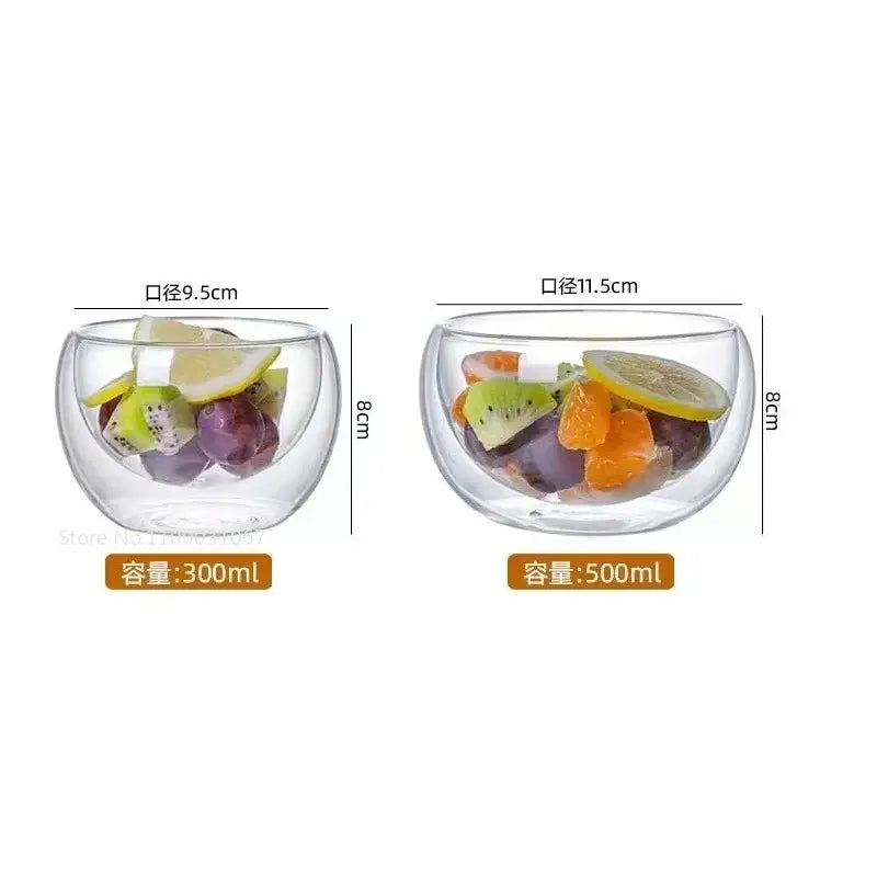 Modern clear double wall glass salad bowls in 300ml and 500ml sizes for stylish kitchen use