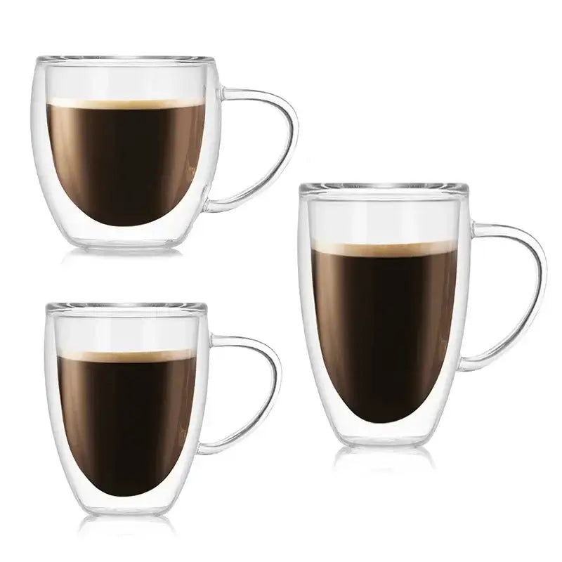 Set of three clear modern double wall glass coffee mugs made of durable glass for kitchen use