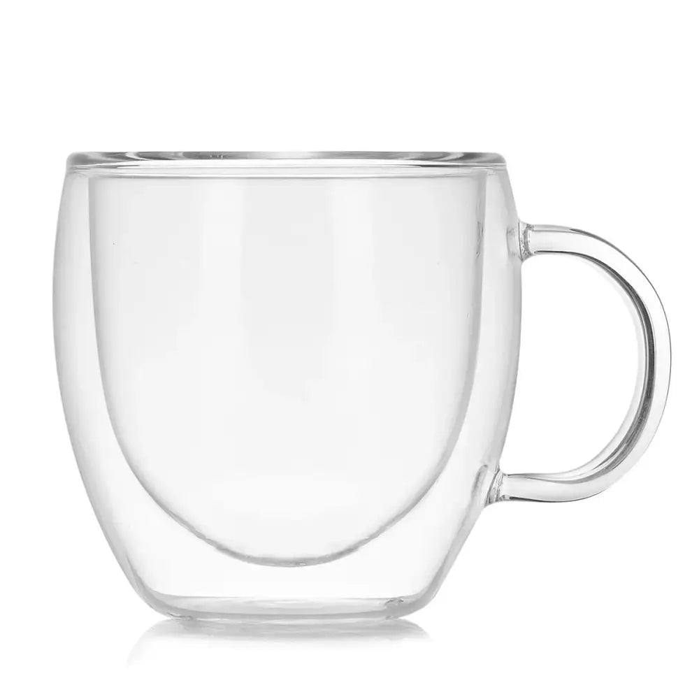 Clear double wall glass coffee mug with sleek modern design and smooth handle for kitchen use