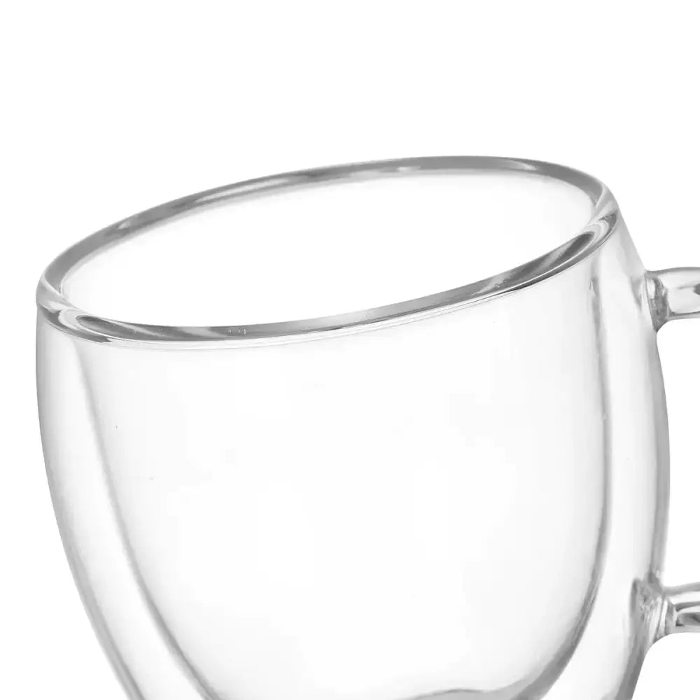 Modern clear double wall glass coffee mug with smooth transparent finish and curved handle for kitchen use