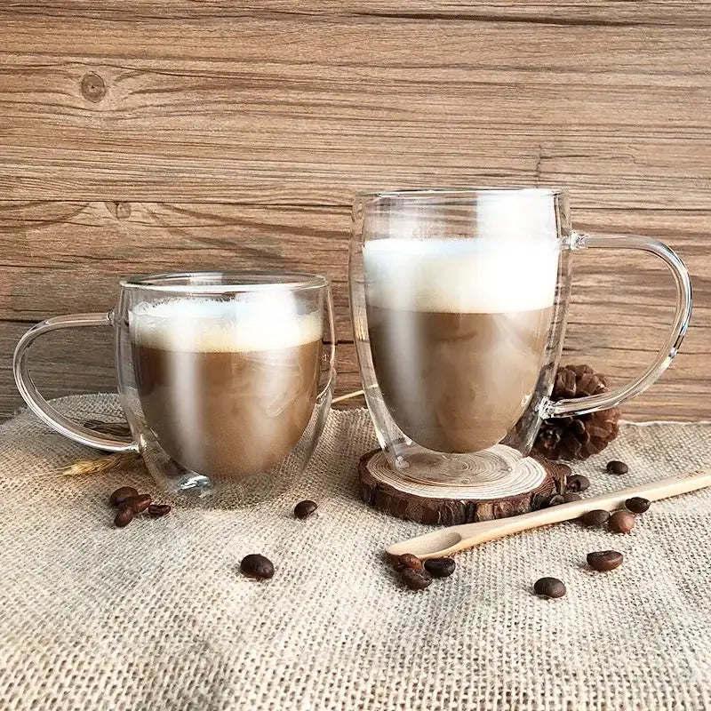 Modern clear double wall glasses kitchen coffee mug set with clear double walled glass and foam topped latte