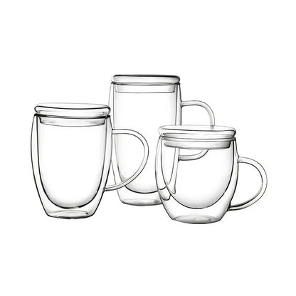 Set of three clear double wall glass mugs with bamboo lids and handles modern double wall tumbler set for dining room