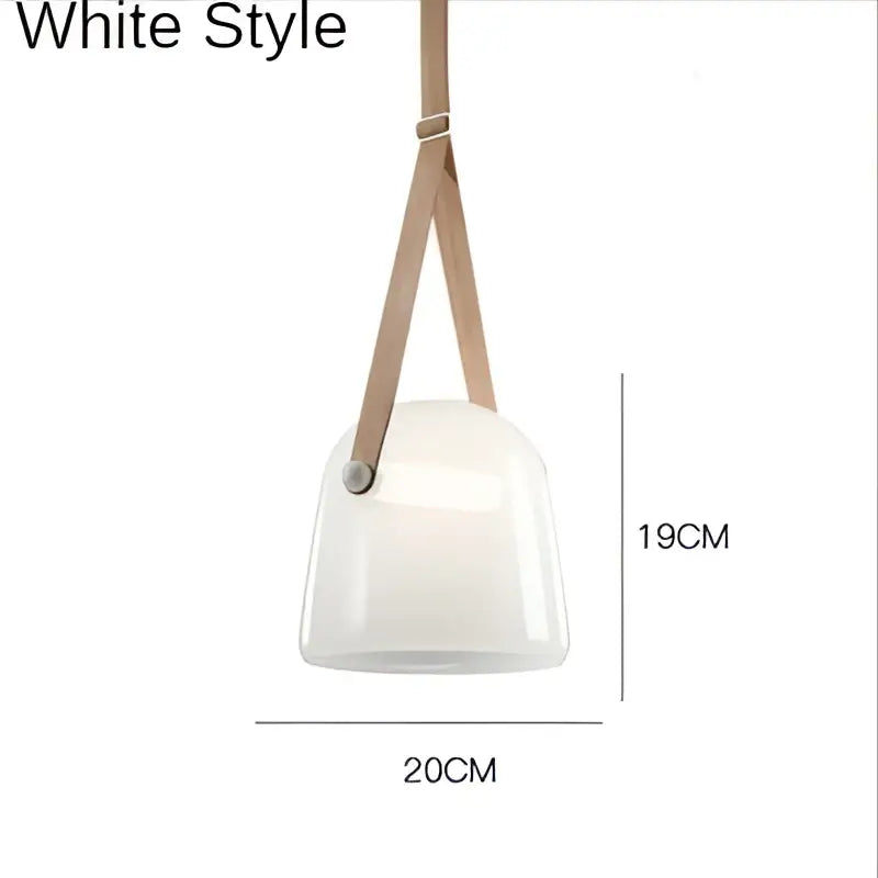 White pendant light fixture with frosted glass shade and beige leather straps for modern kitchen lighting