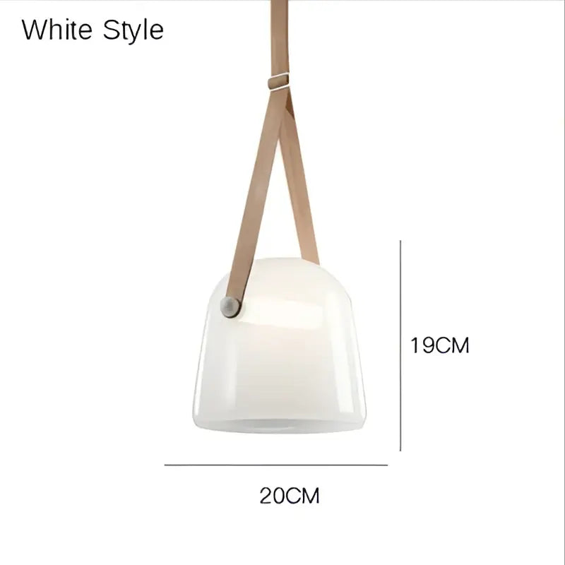 White ceramic pendant light fixture with beige leather straps for modern kitchen lighting design