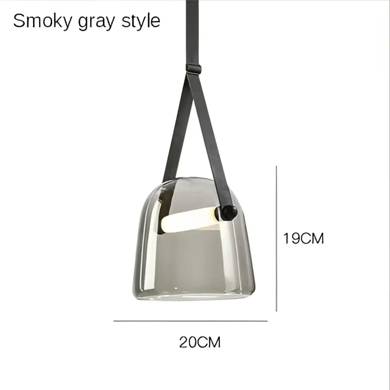 Modern clear smoky gray glass pendant light fixture with black leather straps for kitchen lighting