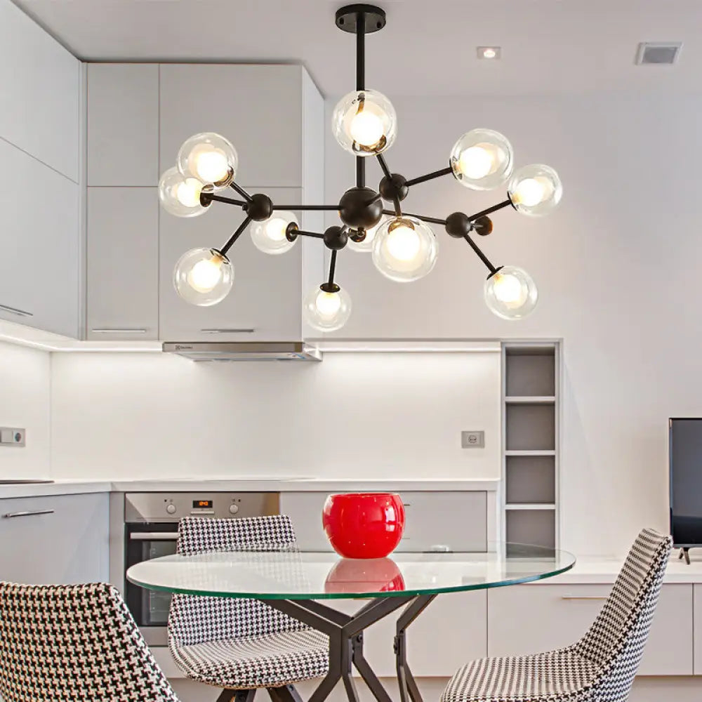 Lámpara de araña moderna de cristal transparente con diseño de burbujas y estrellas - 9/12/15 luces, acabado en negro/dorado