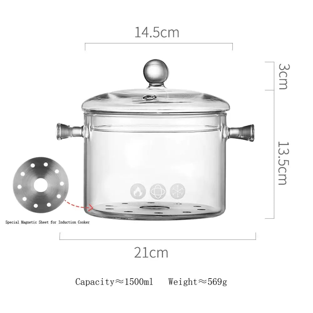 Modern clear glass cooking pot with silver handles features a glass cooking pot with lid and magnetic induction base