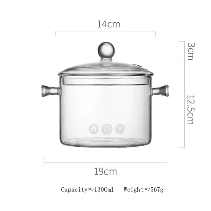 Modern clear glass cooking pot with silver handles featuring subtle etched icons for boiling water and glass cooking use