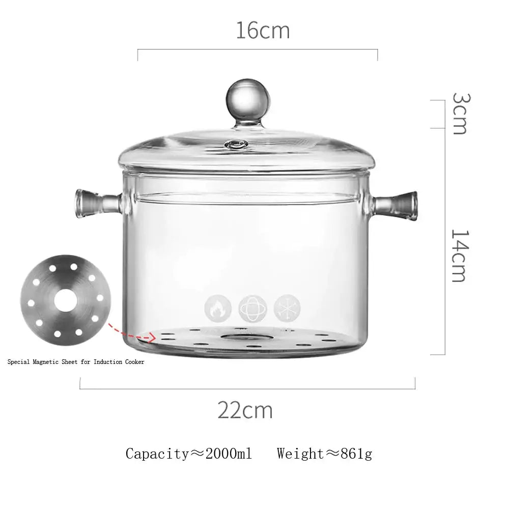 Modern clear glass cooking pot with silver handles and transparent lid includes magnetic induction cooker sheet for glass cooking