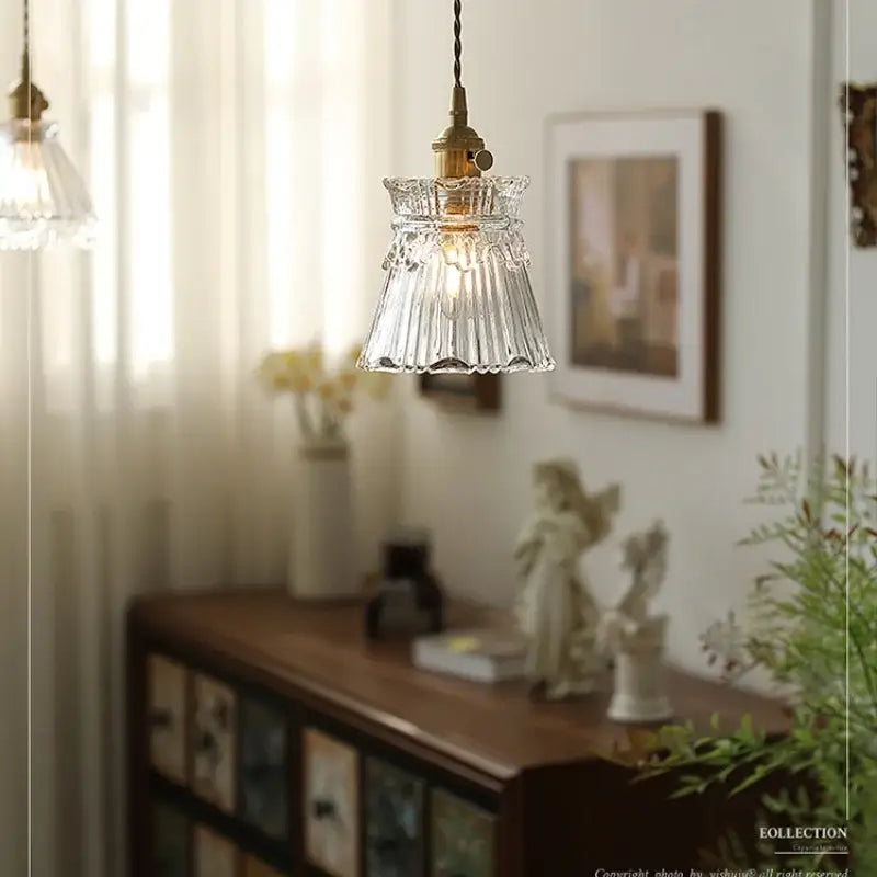 Modern clear glass copper pendant light with brass fixture and ribbed design for kitchen decorbites pendant light decor