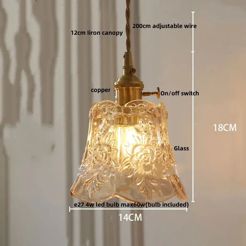 Modern clear glass copper pendant light with vintage floral etching brass fixture and adjustable 200cm wire by decorbites clear glass
