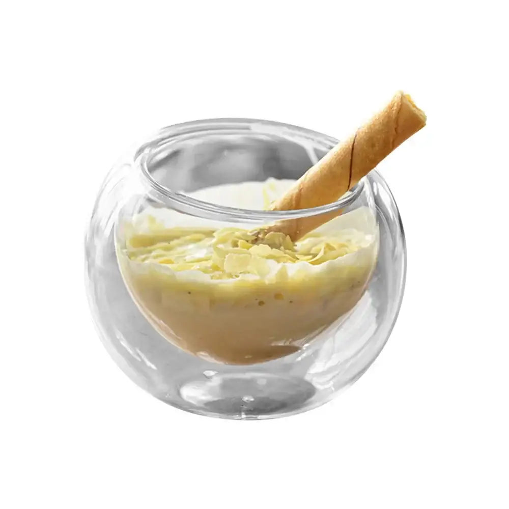 Modern clear decorbites glass cup set with transparent double-layer design holding custard and dessert