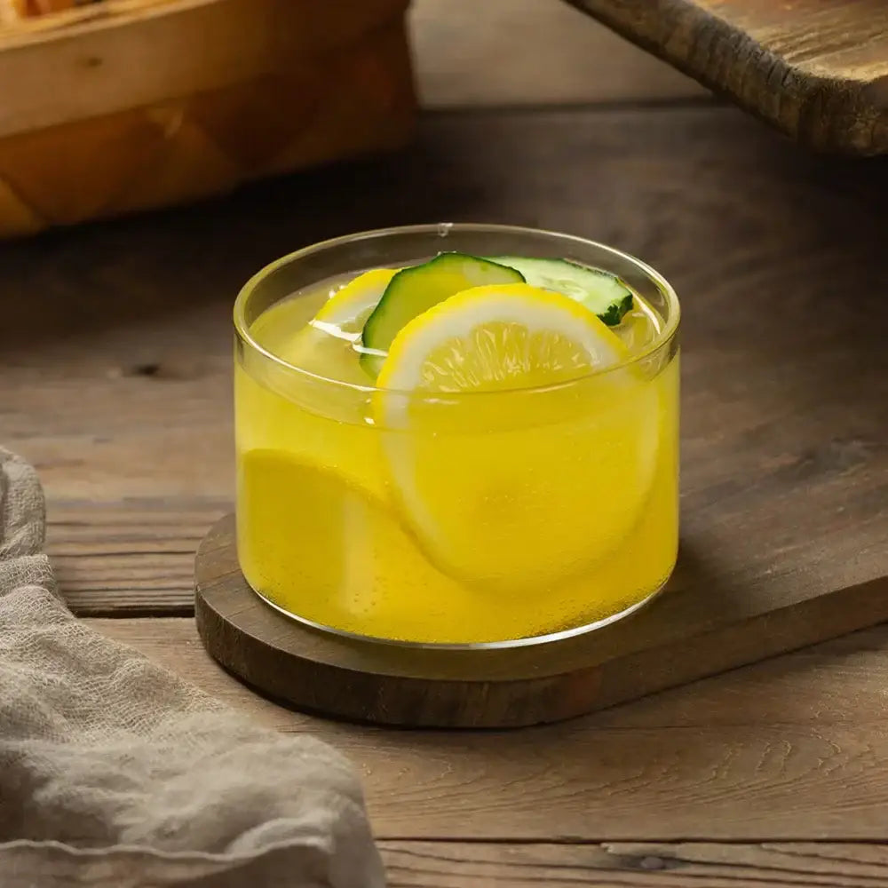 Modern clear glass cup set featuring a decorbites glass cup filled with yellow beverage garnished with lemon and cucumber slices