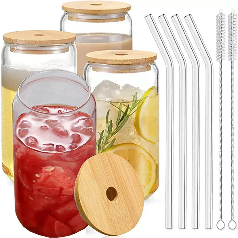 Modern clear glass cup with bamboo lid filled with red iced drink and ice cubes glass cup ideal for kitchen use decorbites glass cup