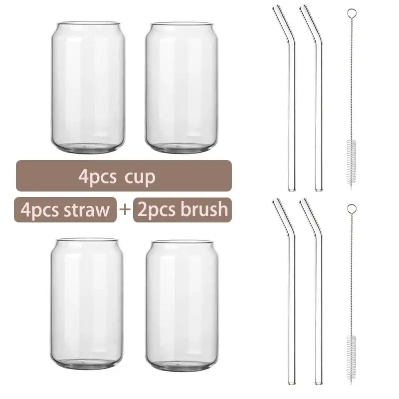 Set of four clear glass cups with matching curved glass straws and metal-bristled cleaning brushes decorbites glass cup